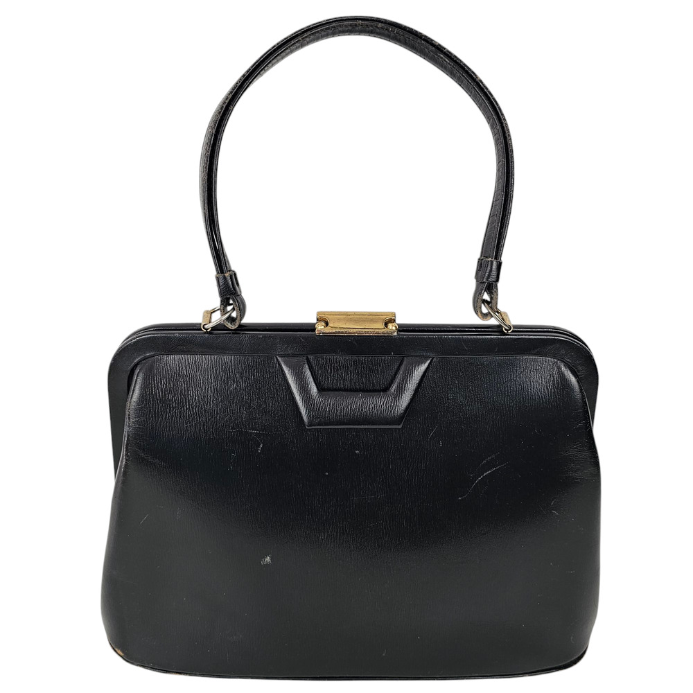 VNT 1970s black leather handbag purse snap lock frame fair condition